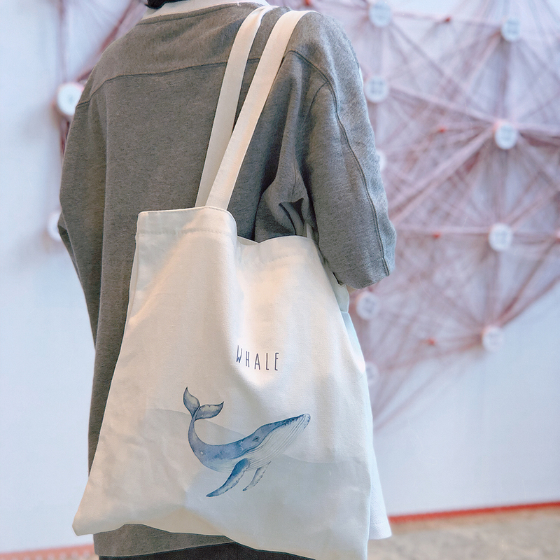 White Whale Original | Whale Shop Bag, Independent Design, Fresh Watercolor Artistic Single-Shoulder All-Cotton Canvas Bag.