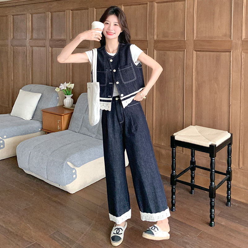 Hong Kong Style Retro Lace Splicing Denim Suit for Women, Spring 2026 New Design Vest and Wide-Leg Pants Two-Piece Set