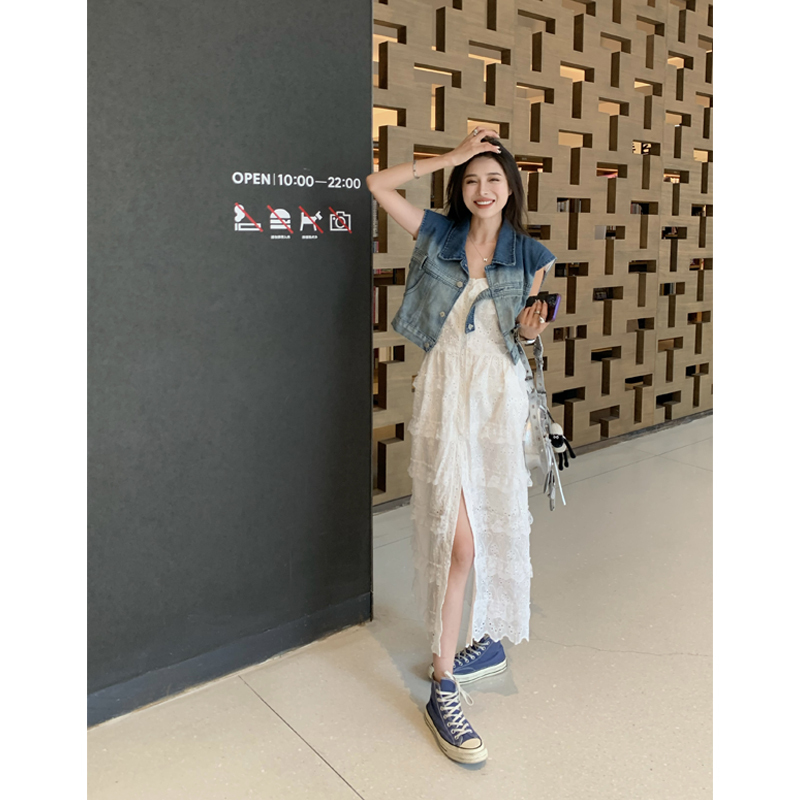 Heavy-Duty Hollow Lace Cake Strap Dress for Women, Summer 2026 New Style, Tie-Dye Denim Vest Two-Piece Set
