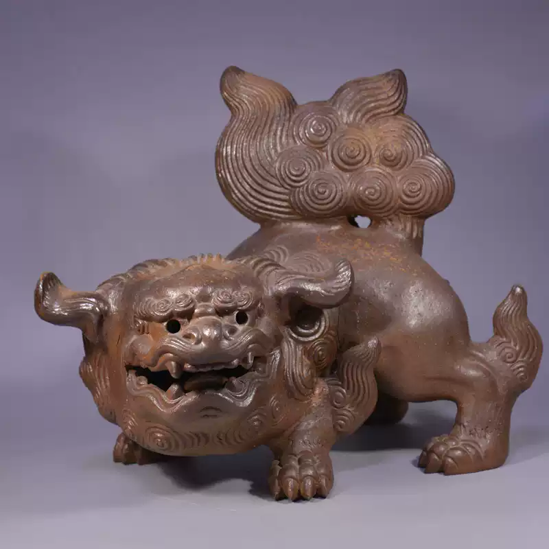 日本十四代木村友敬備前燒大號胡麻釉唐獅子置物