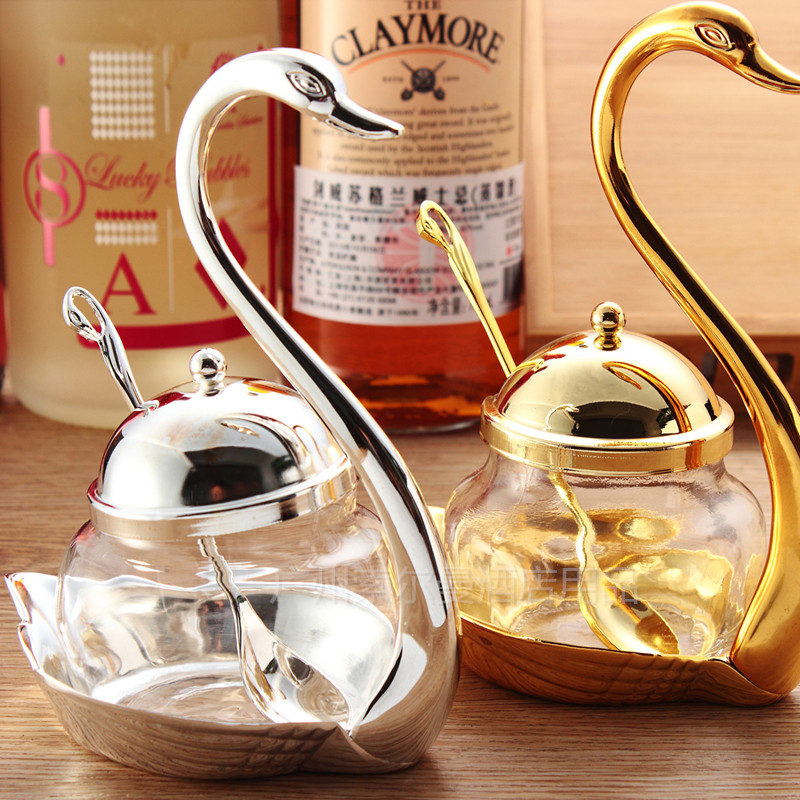 Creative Swan Sauce Bottle Glass Seasoning Jars With Spoons Sugar Flush Sugar Jars Fashion Creative Kitchen Accessories