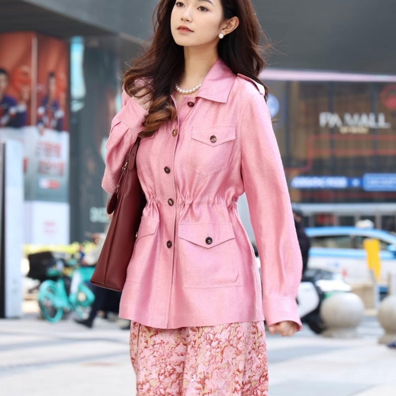 Women's Yajia 2026 Spring New Silk Workwear Style Pink Turn-Down Collar Waist-Cinched Straight Long-Sleeve Jacket 1208A