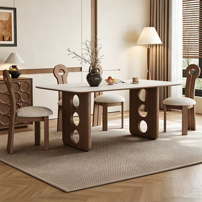 Retro Mid-Century Style Solid Wood Slate Dining Table, White Ash Wood Rectangular Dining Table for Small Households, Walnut Color Dining Table