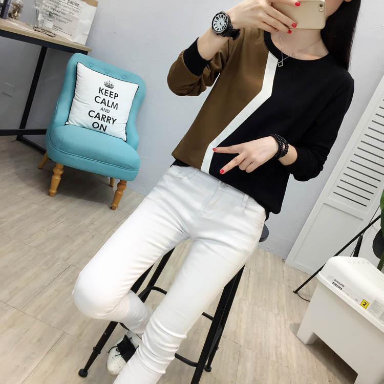 Mùa thu 2018 phiên bản Hàn Quốc mới của quần lửng size rộng mùa thu quần áo dài tay áo thun nữ mùa thu áo phông có cổ nữ