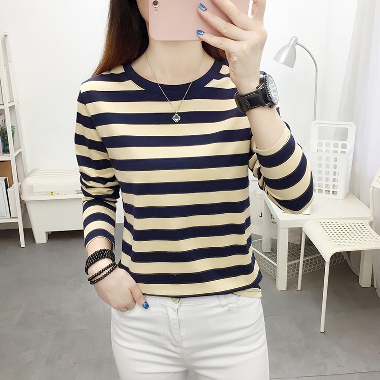 Early Spring Tops, New Long-Sleeved T-Shirts for Women, Pure Cotton Base Shirts, Stylish Striped Shirts for Mothers, Autumn Outerwear