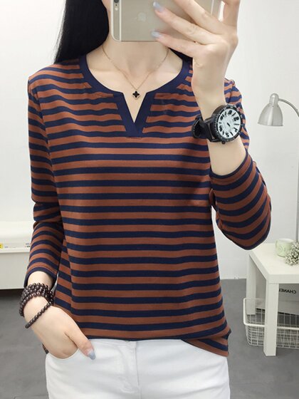 春装2025新款长袖t恤女士秋衣大码宽松打底衫中年妈妈纯棉上衣V领