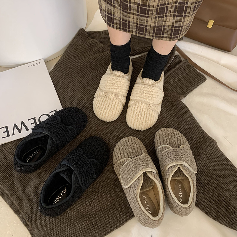 Velcro plush shoes women's 2020 all-match student beanie shoes flat bottom wear gentle foot small plus velvet cotton shoes