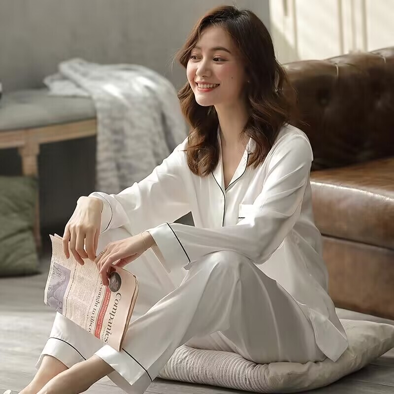 High-End White Pajamas for Women, Spring and Autumn Ice Silk Long-Sleeved, Can Be Worn Outside, Summer Large Size Loose Home Wear Two-Piece Set
