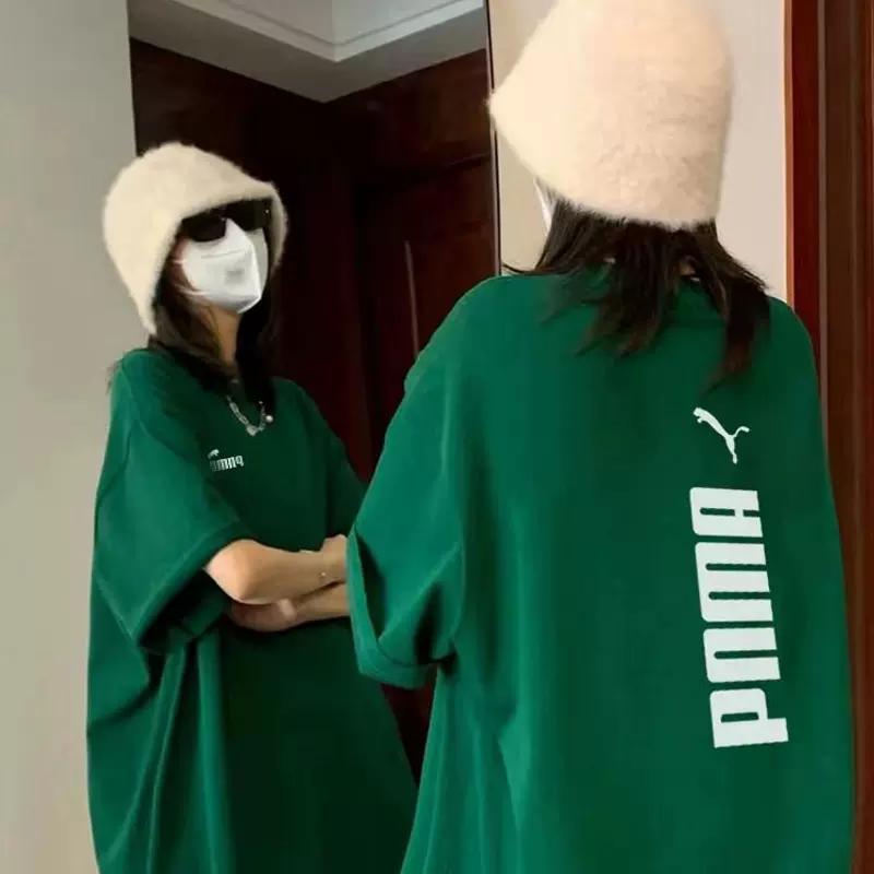 Authentic Outlet Hong Kong Style Green Short Sleeve T-Shirt for Women, Summer Couple's Versatile College Style Loose Top for Men