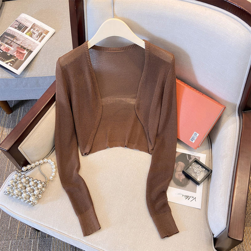 New Style Knitted Cardigan, Thin Summer Women's Outerwear, Suitable for Pairing with a Slip Dress, Sun Protection Shawl, Coffee-Colored Small Jacket New Style Knitted Cardigan, Thin Summer Women's Outerwear, Suitable for Pairing with a Slip Dress, Sun Protection Shawl, Coffee-Colored Small Jacket