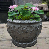 Stone carving fish tank flower pot green stone imitation ancient stone cylinder lotus flower stone basin courtyard stone fish fish round basin for money and water cylinder swing piece
