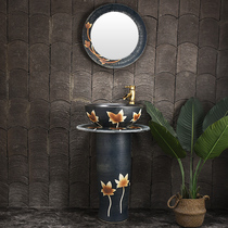 Outdoor courtyard art ceramic wash basin small apartment floor standing column washbasin antique Lotus wash basin