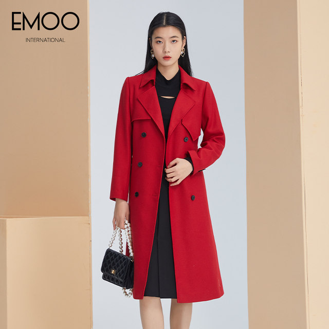 EMOO Yangmen Autumn New Windbreaker Jacket Women's Mid-Length Red Style Over-the-Knee Wool Woolen Coat