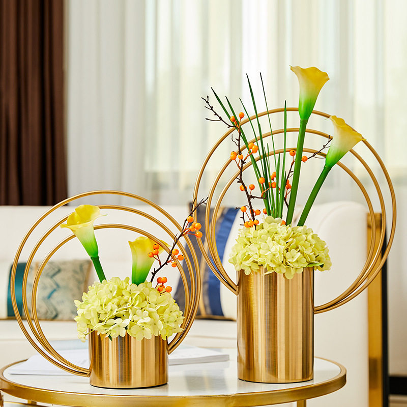 轻奢现代欧式金色花瓶花艺套餐金属花器样板房别墅会所软装饰品