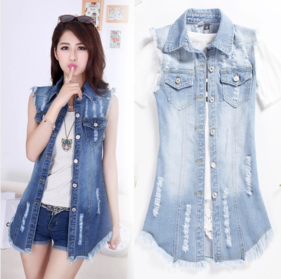 2025 Summer New Women's Korean Style Sleeveless Plus Size Denim Vest Women's Summer Trendy Slim Fit Mid-Length Vest Outerwear
