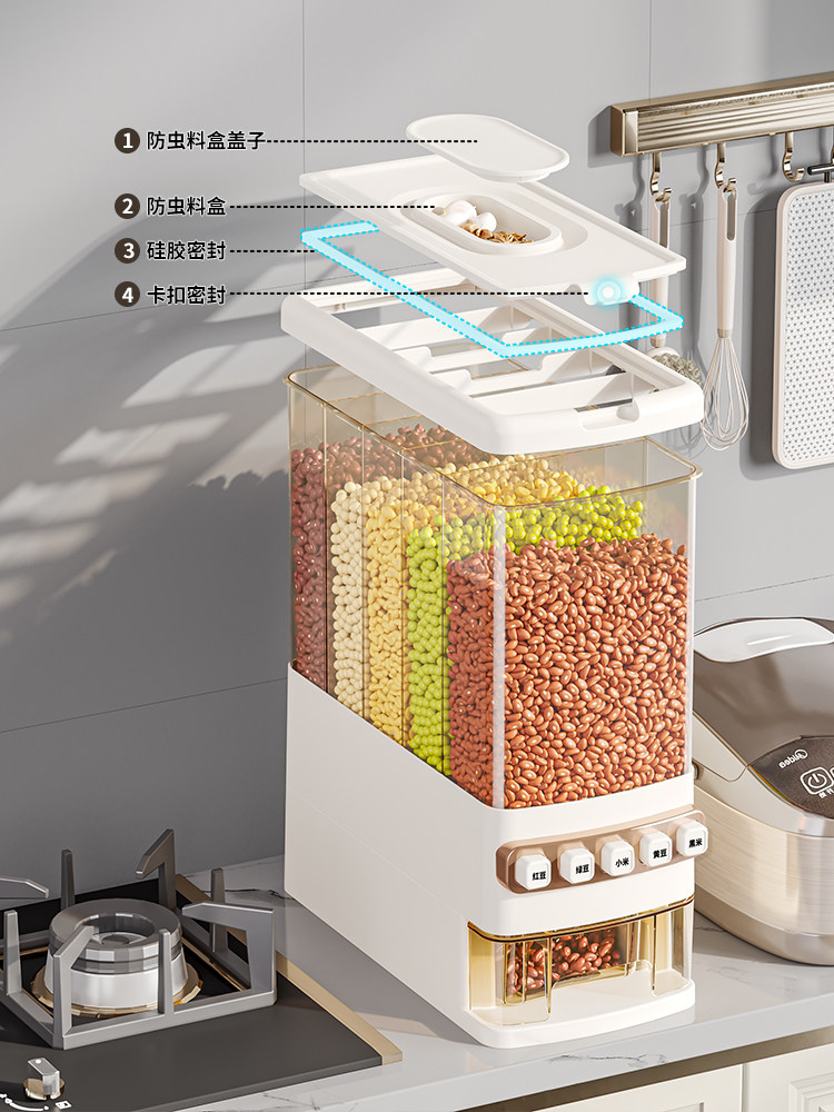 Grain Storage Box, Household Divided Rice Bucket, Large Rice Artifact, Whole Grain Classification Box, Food-Grade Push-Type