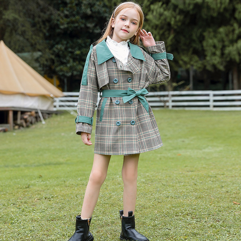 Internet celebrity girls spring clothes 2023 new children's foreign style spring and autumn coat middle and big children's spring mid-length plaid windbreaker