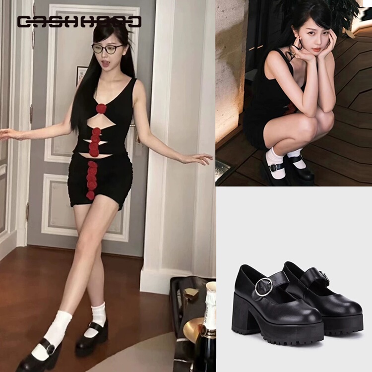Buyer's Store Genuine In-Stock Current Mood Yu Shuxin Same Style Black Round-Toe High Heels Mary Jane Shoes