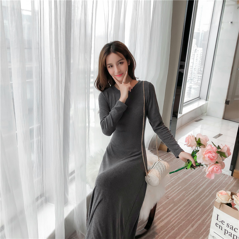 Thu đông 2018 phiên bản Hàn Quốc của khí chất mới dài tay Slim mỏng dài mảnh đáy váy váy dài Một váy chữ váy chữ a cho người béo