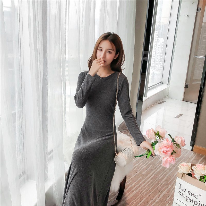 Thu đông 2018 phiên bản Hàn Quốc của khí chất mới dài tay Slim mỏng dài mảnh đáy váy váy dài Một váy chữ váy chữ a cho người béo