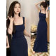 Navy square neck strap sleeveless long dress