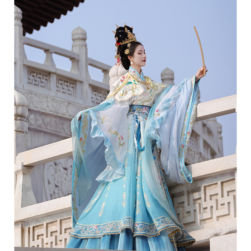 Traditional Chinese Dress with Heavy Embroidery Featuring Original Hanfu Elements, Inspired by the Water God Qingyao from the Legend of the Little Bird Building a Nest