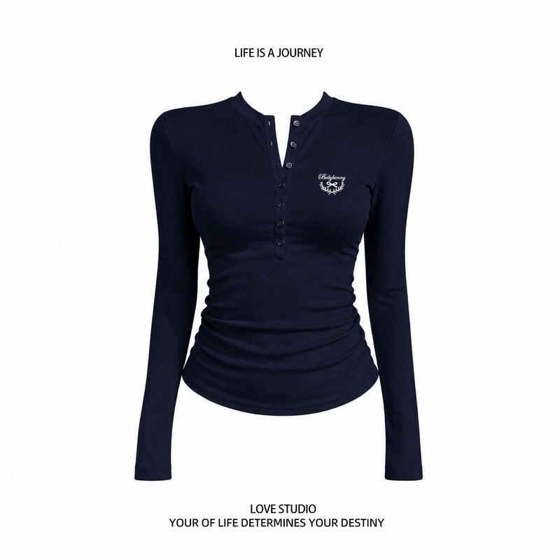 Rose American-Style Creative Printed Henry Collar Long-Sleeve T-Shirt for Women, 2026 Autumn Slim-Fit Short Top