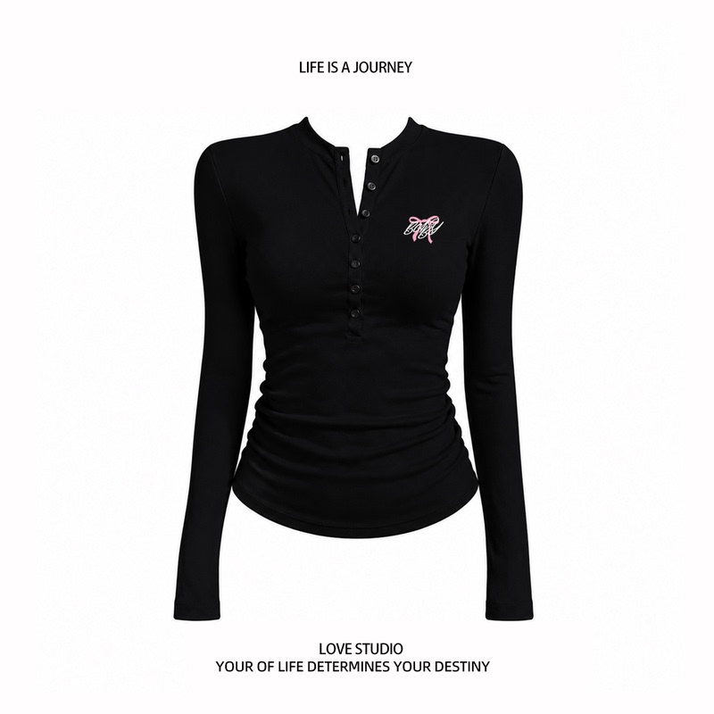 Rose Niche Design Letter Print Spicy Girl Regular Shoulder Henry Collar Long-Sleeve T-Shirt for Women, Autumn Slim-Fit Short Top