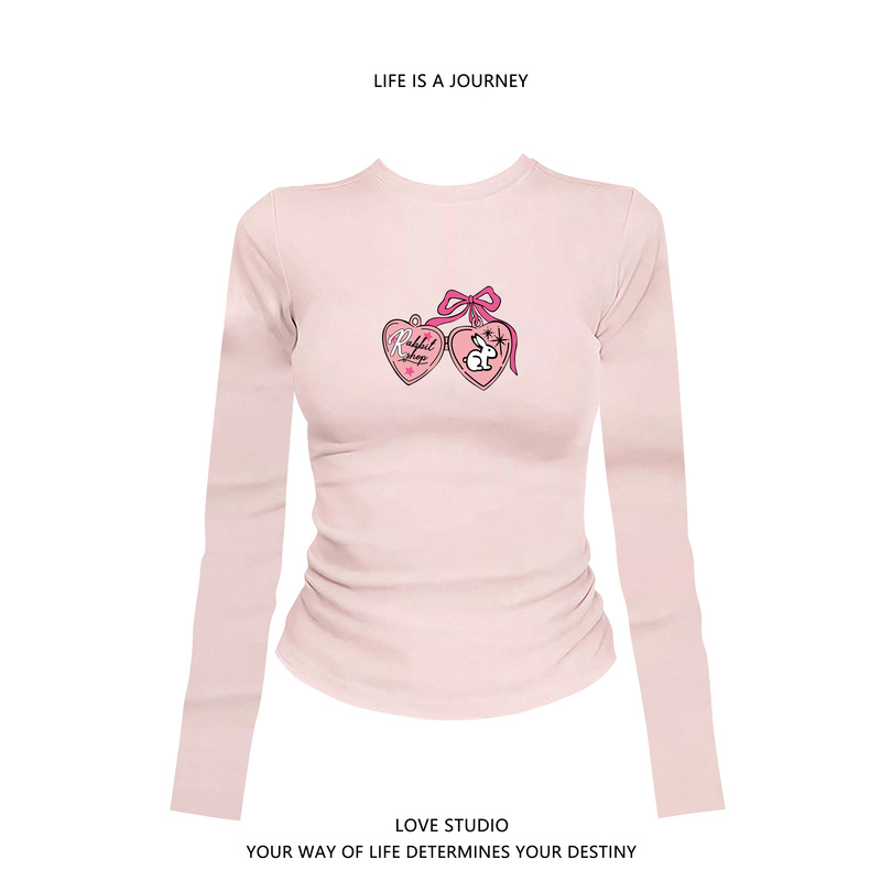 Pink Cartoon Long-Sleeved Short T-Shirt for Women 2026 Autumn New Style Waist-Cinching Slimming Sweet and Cute Short Top
