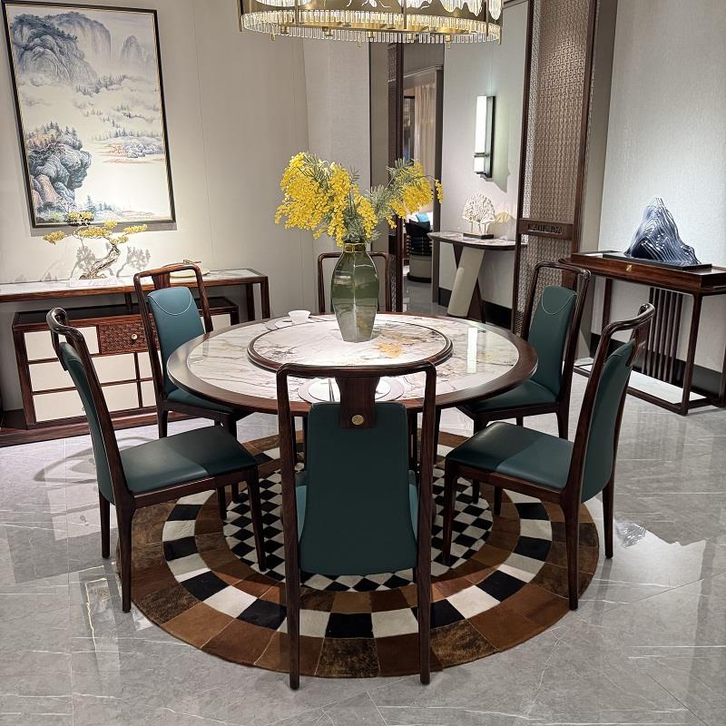 国潮新中式全实木餐桌椅组合现代轻奢乌金木岩板圆桌餐厅会所酒店