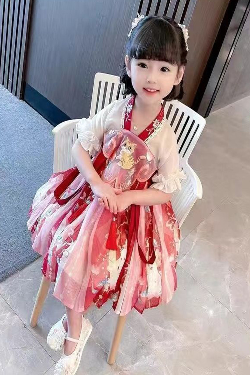 китайский костюм 女童连衣裙中国风女孩旗袍2025新款夏装儿童汉服演出服宝宝公主裙 OTHER