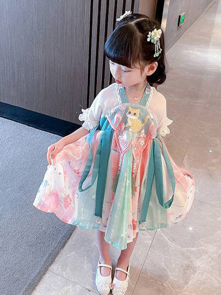китайский костюм 女童连衣裙中国风女孩旗袍2025新款夏装儿童汉服演出服宝宝公主裙 OTHER