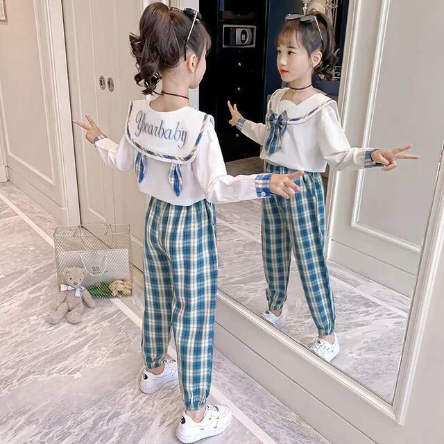 Girls' clothing suit 2023 spring new children's foreign style plaid casual fashion college long-sleeved girl two-piece suit