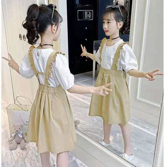 Girls' skirt summer dress short-sleeved suspender skirt girl outerwear medium and big children's dress children's Korean two-piece suit trendy