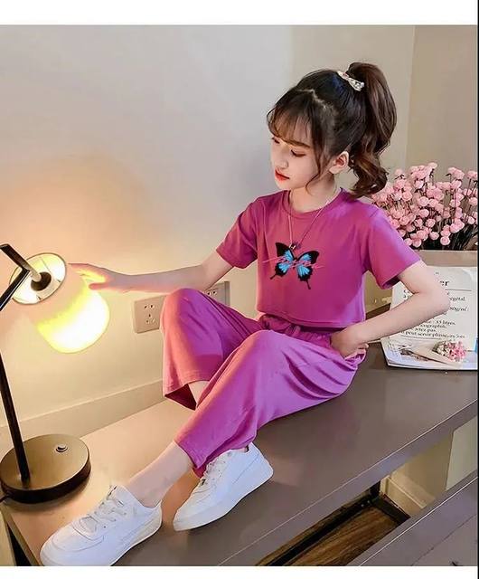 Girls' summer suits, foreign style and fashionable net red children's clothing 2023, big boys and girls, short-sleeved wide-leg pants, two-piece suit