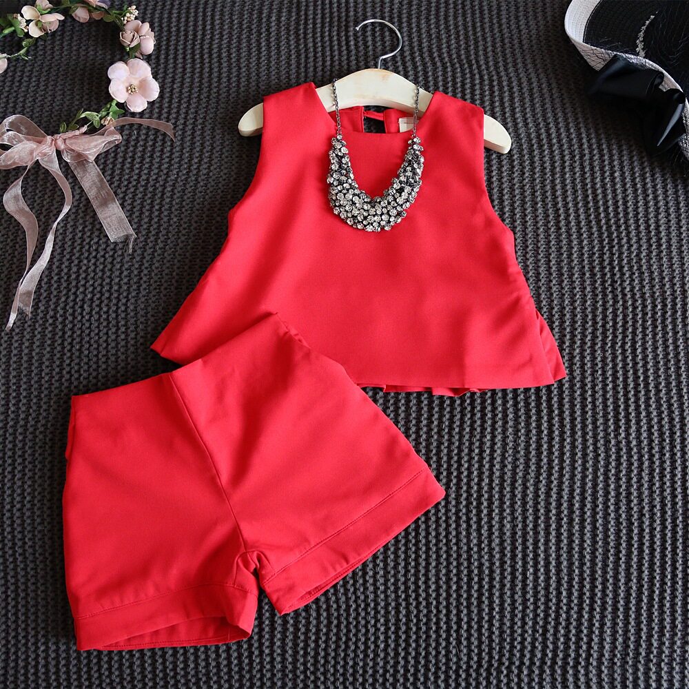 Girl's summer clothing suit 2021 new Korean version Ocean Wave Clothes Sleeveless Shorts Two Sets Women's Baby Suit