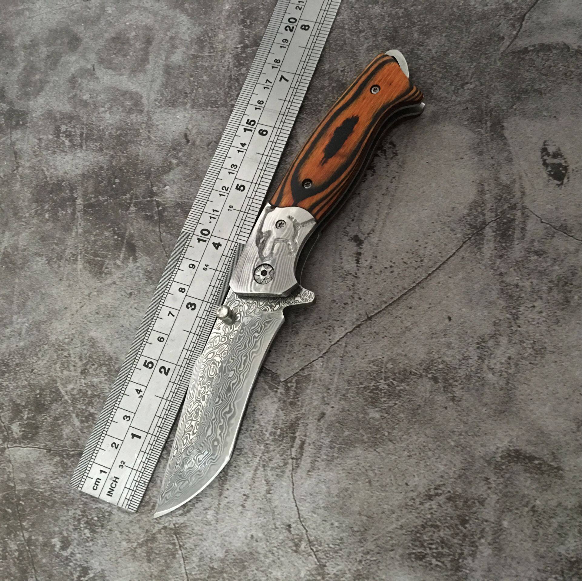 Colorful Wood Damascus Steel Folding Knife Outdoor Cutter