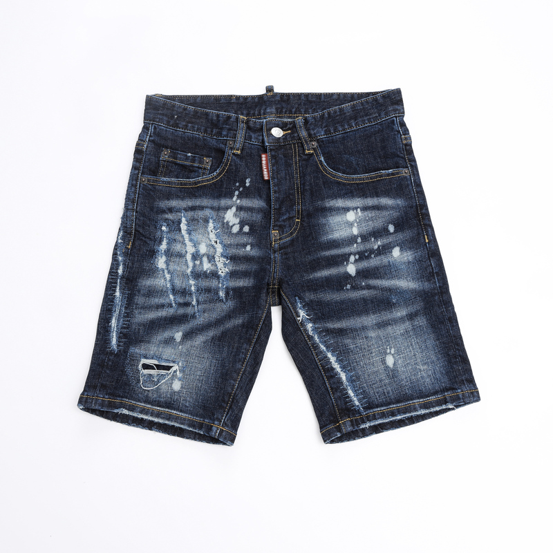 2025 Spring and Summer New Style Men's Blue Trendy Hong Kong Style Beggar Quality Dsq2 Denim Shorts with Holes and Splashed Ink