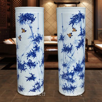 Jingdezhen ceramic straight tube floor Vase ornaments large size hand-painted blue and white porcelain rich map living room study decoration