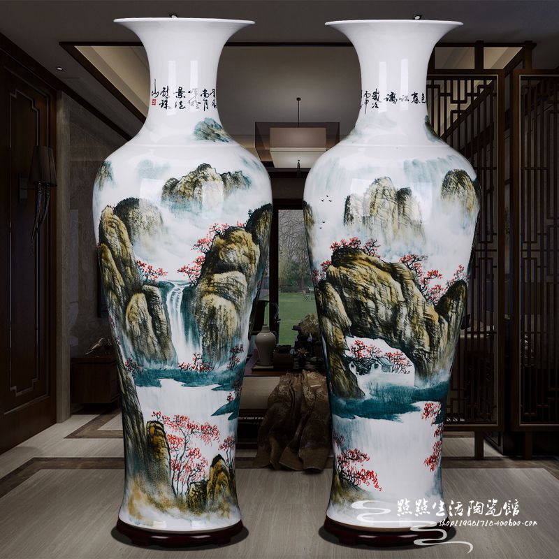 Jingdezhen ceramic floor-to-ceiling large vase master hand-painted ink landscape map Living room home hotel 1 meter ornaments
