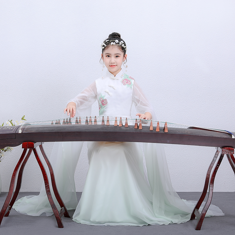 2020 new zither costume Chinese style cheongsam stand collar design erhu pipa folk music stage costume