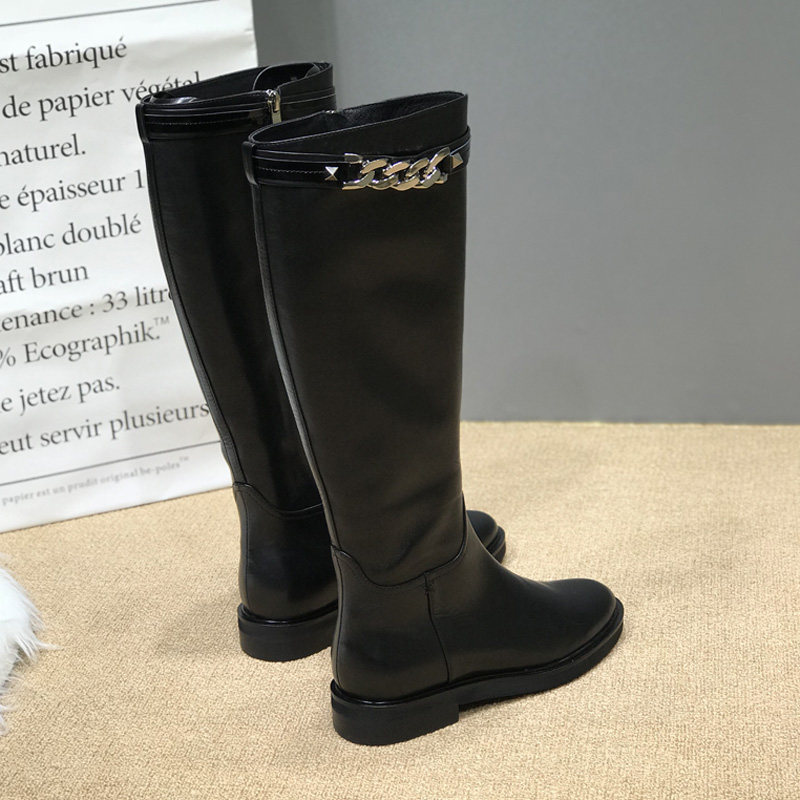 European station winter new leather boots women's flat bottom low heel chain round head side zipper high tube riding boots long tube
