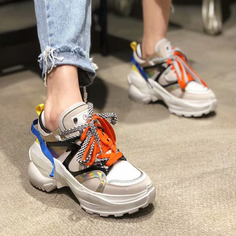 European station 2019 spring new leather thick-soled dad shoes women's all-match breathable net red casual sports shoes