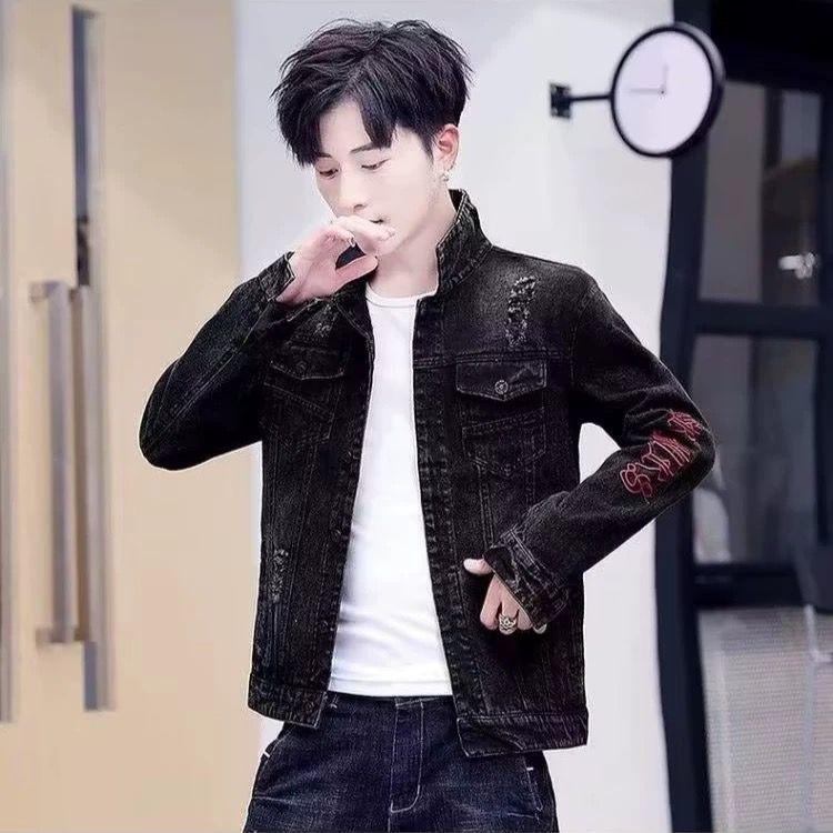 Men's Denim Jacket, Korean Style, Slim Fit, Trendy Brand, Letter Embroidery, 2025 Spring and Autumn New Style, Cool and Handsome Workwear Jacket
