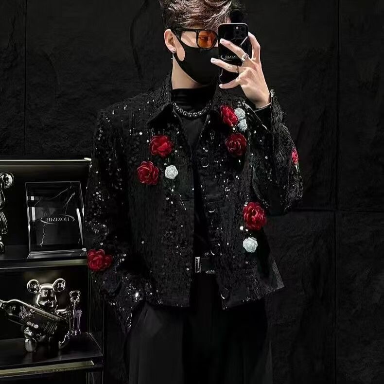 High-End Heavy-Duty Sequined Floral Jacket for Men, Versatile Street-Style Personality Short Jacket for Male Group Stage Performances, Trendy