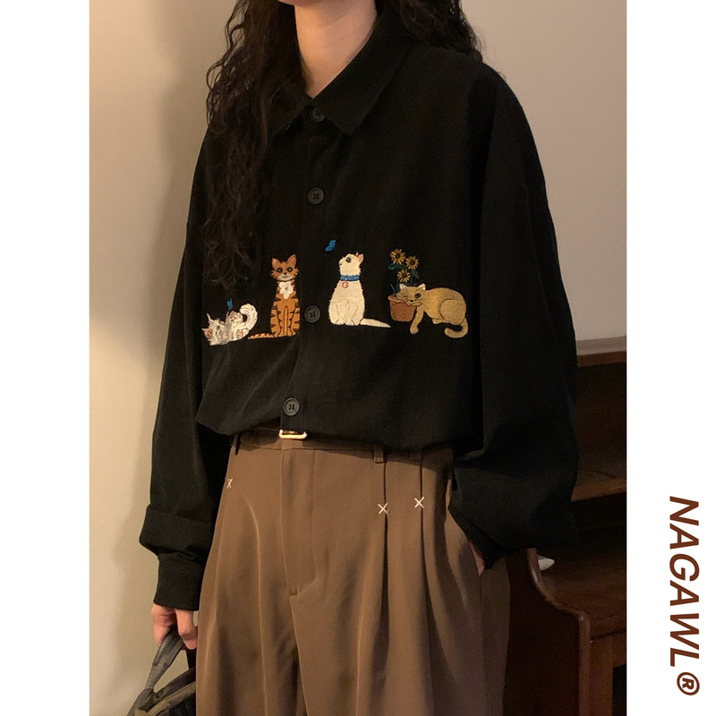 Naga LAOSHU Autumn Japanese Retro Loose-Fitting Unisex Artistic Cat Embroidery Corduroy Long-Sleeve Shirt Top Trendy