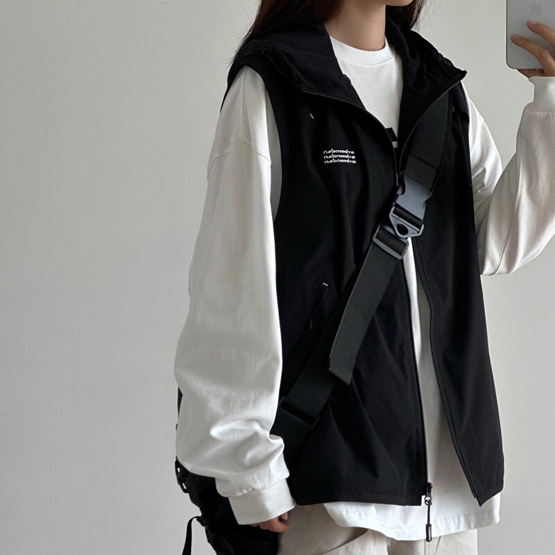 Japanese Retro Workwear Hooded Vest Outdoor American Casual Versatile Solid Color Sleeveless Jacket Unisex Sun Protection