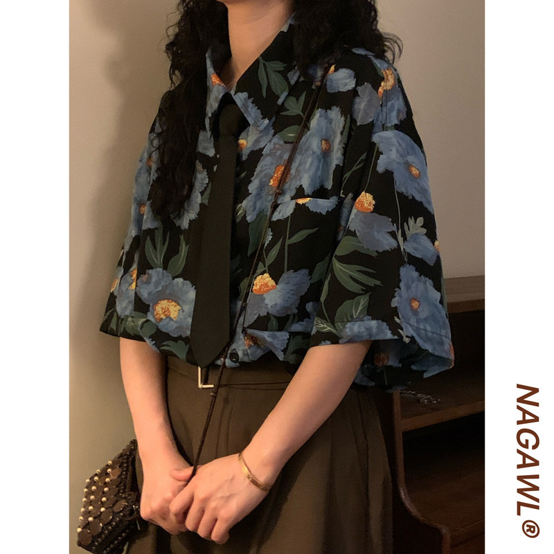 Naga LAOSHU Summer American Retro Trendy Brand Hawaiian Casual Loose Hong Kong Style Full Print Short-Sleeved Shirt Top Naga LAOSHU Summer American Retro Trendy Brand Hawaiian Casual Loose Hong Kong Style Full Print Short-Sleeved Shirt Top