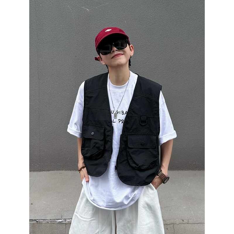 Japanese Retro Multi-Pocket Functional Design Short Versatile All-Season Vest for Men and Women, Layered Jacket, Bf Vest