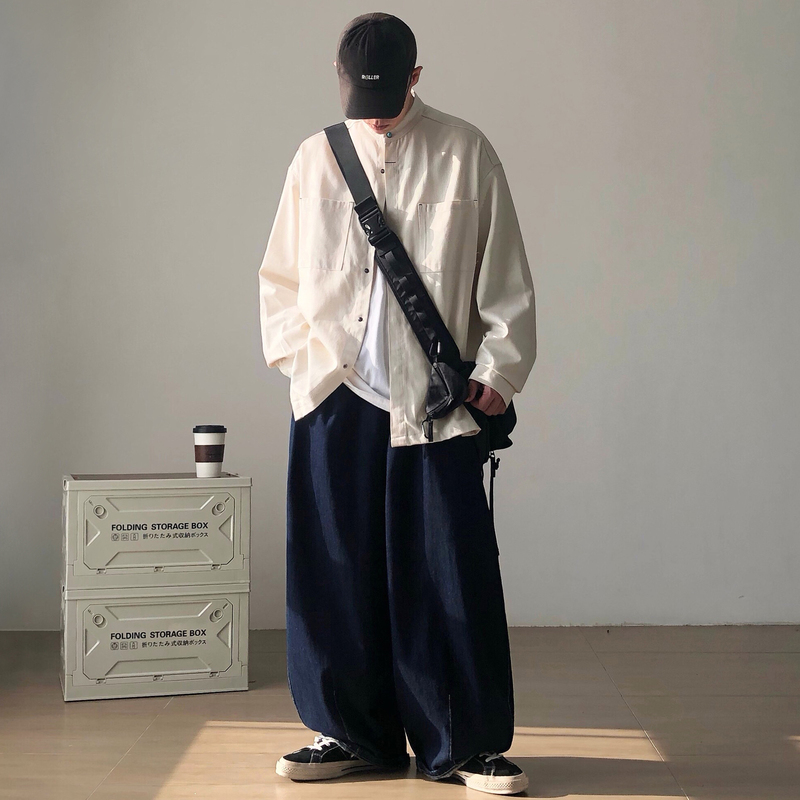 Richman Japanese-Style Outfit with Turquoise Decoration, Stand-Up Collar Shirt, Men's Long-Sleeve Loose Casual Oversized Shirt